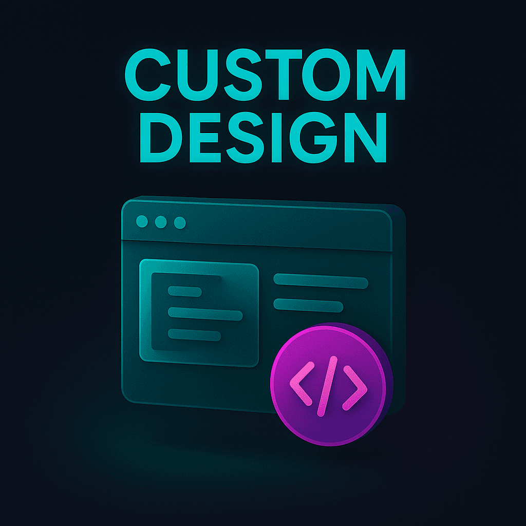 Illustration labeled 'Custom Design' with a stylized browser window and a code icon.