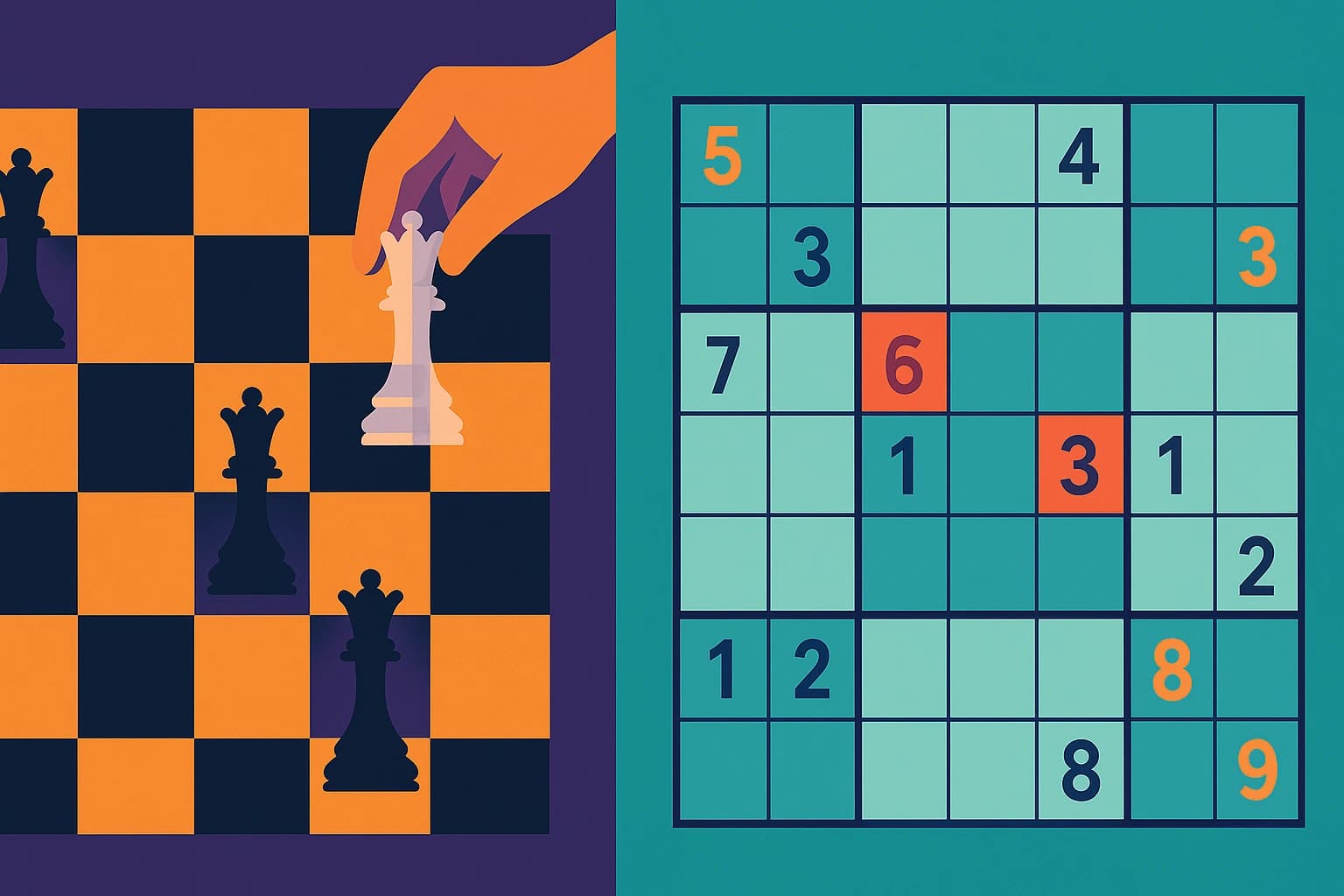 Graphic illustrating a chessboard with queens being placed and removed, or a Sudoku grid being solved with trial and error