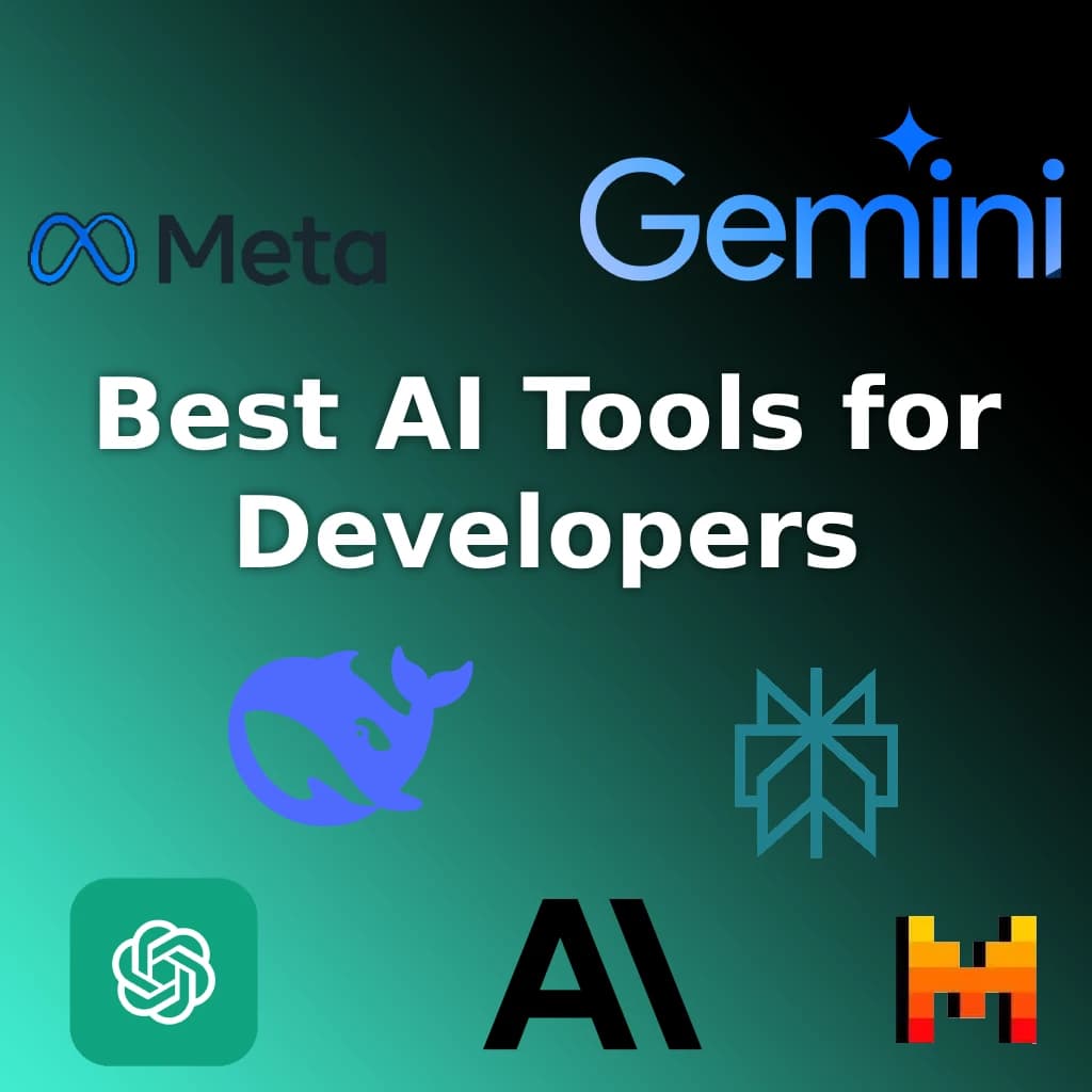 Collage of AI model logos and code snippets highlighting top developer tools