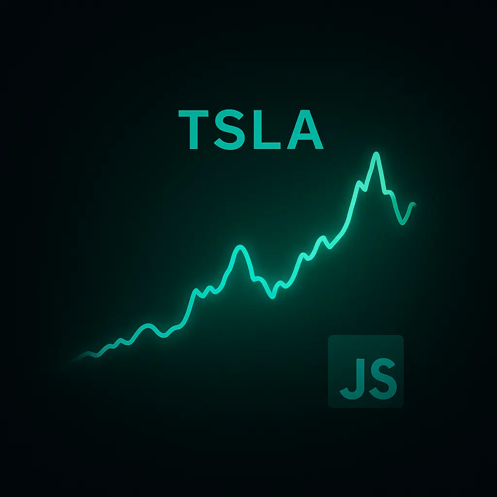 Dark gradient background with a glowing turquoise-green line chart showing Tesla’s stock price trend, the bold text “TSLA” above the chart, and a subtle JavaScript “JS” logo in the lower right.