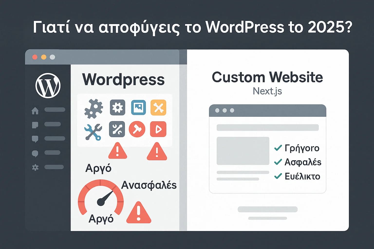 Διάγραμμα σύγκρισης WordPress και custom λύσης με εικονίδια ταχύτητας, ασφάλειας και ευελιξίας