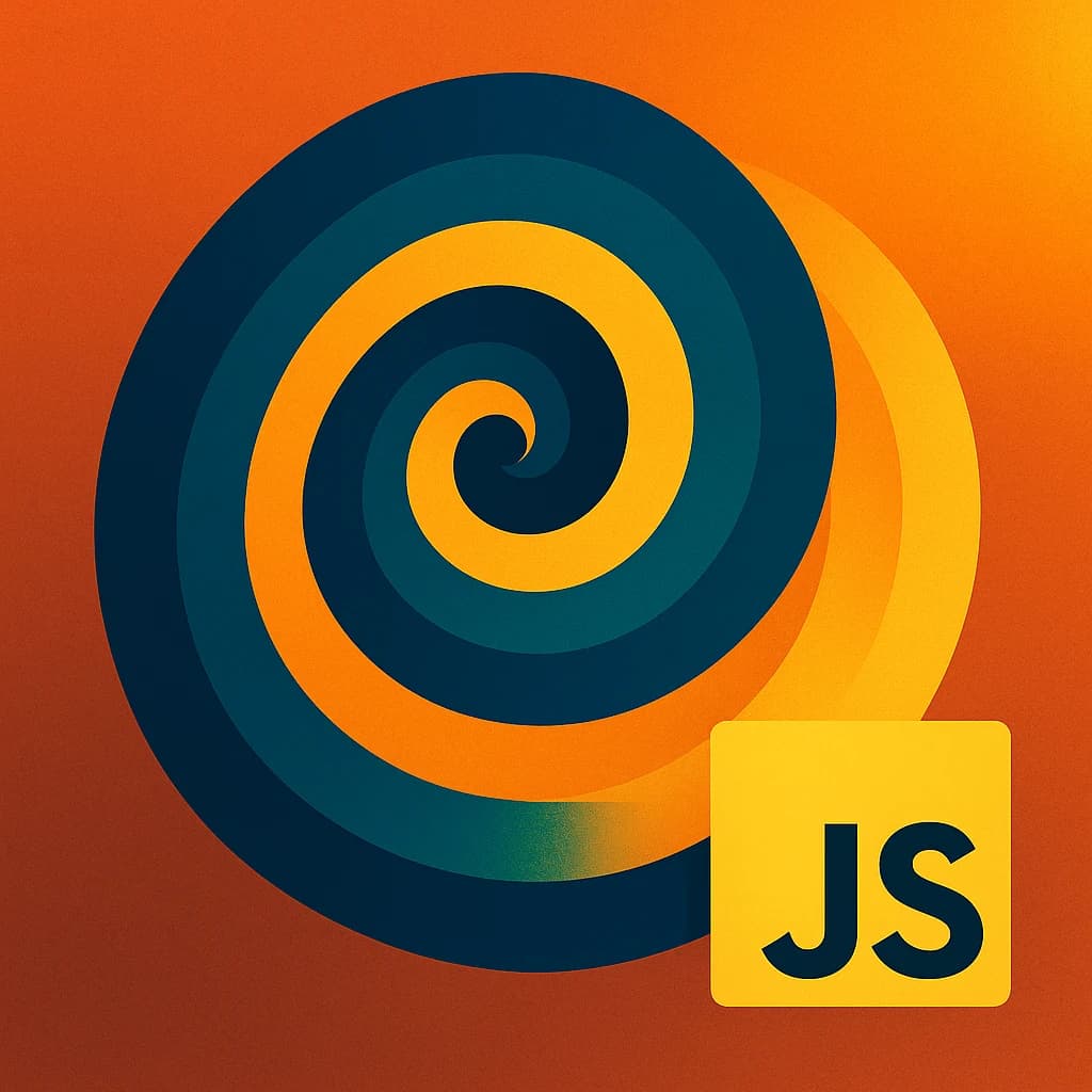 Abstract nested spirals in warm-to-cool gradient with the JavaScript logo, symbolizing recursion in JavaScript.