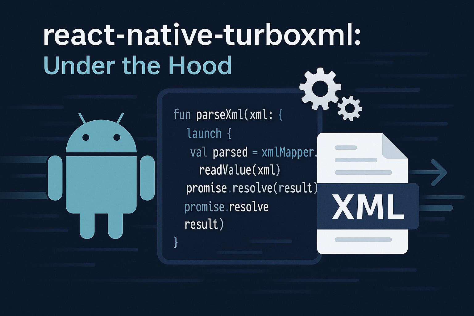 Diagram of react-native-turboxml’s architecture: Kotlin coroutines on Android parsing XML and mapping to React Native WritableMap