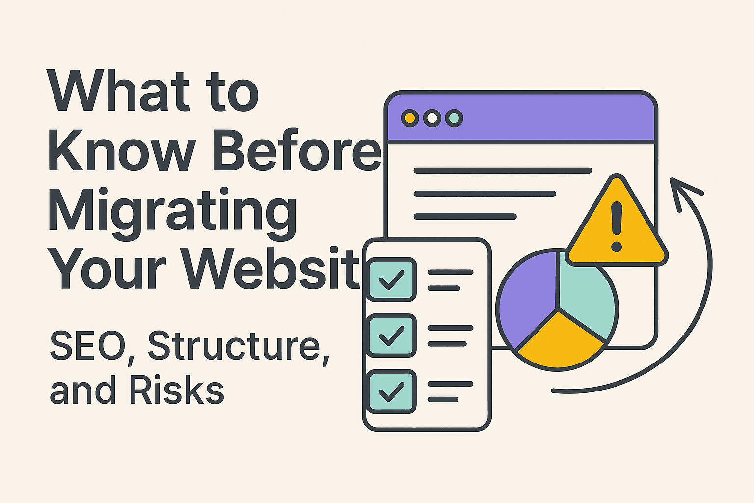 Illustration of a website migration checklist with arrows, URL redirects, metadata and performance icons