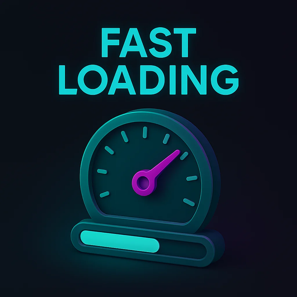 Illustration labeled 'Fast Loading' featuring a speedometer icon.