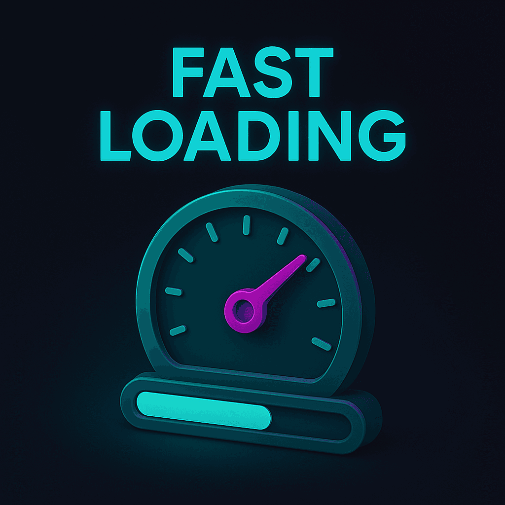 Illustration labeled 'Fast Loading' featuring a speedometer icon.