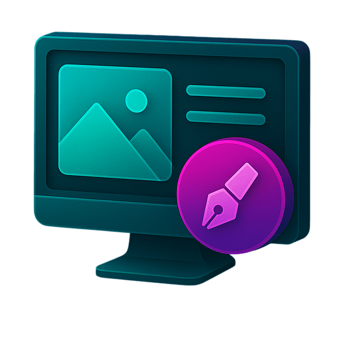 Icon representing web design: a computer monitor with an image placeholder and a pen nib.