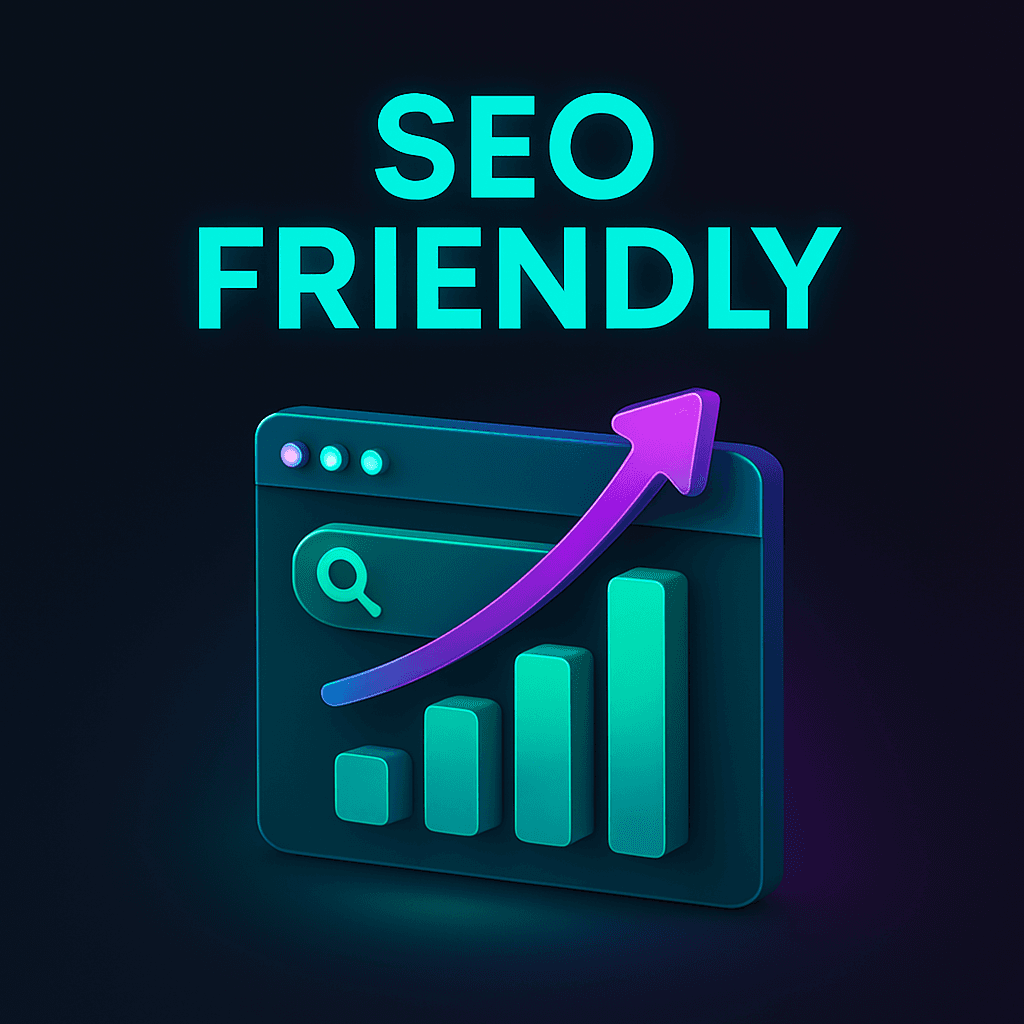 Illustration labeled 'SEO Friendly' showing a browser window with a bar chart and an upward arrow.