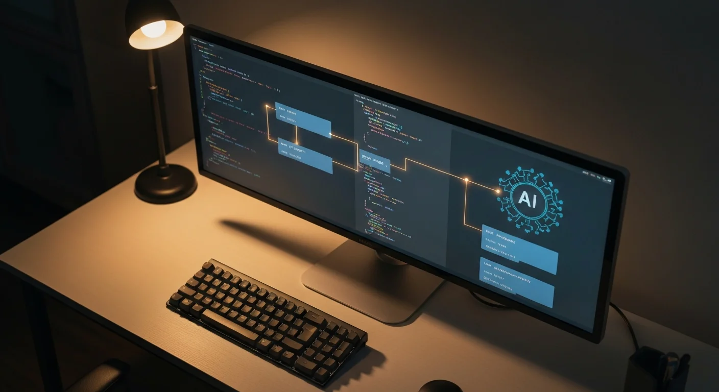 Developer workspace with AI coding agent interface showing collaborative code generation