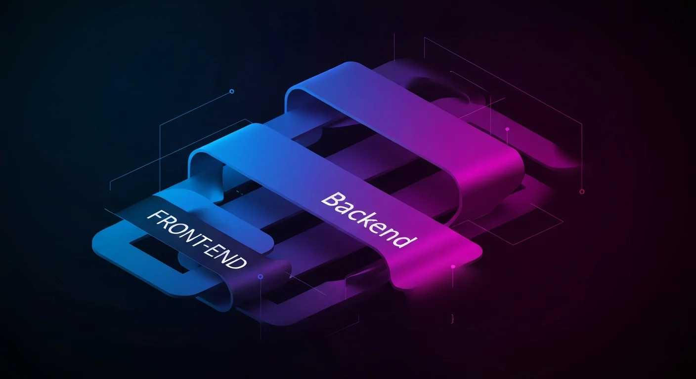 Developer reviewing AI-generated code on multiple monitors with architecture diagrams on whiteboard