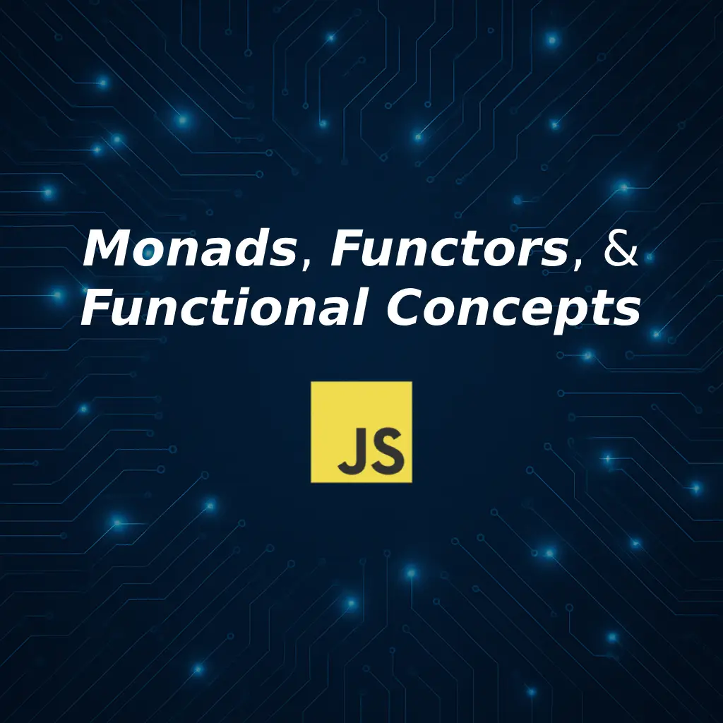 A dark blue circuit-board background with white bold text reading ‘Monads, Functors, and Functional Concepts Simplified’ centered at the top. In the bottom right corner, a bright yellow square contains the black ‘JS’ logo.