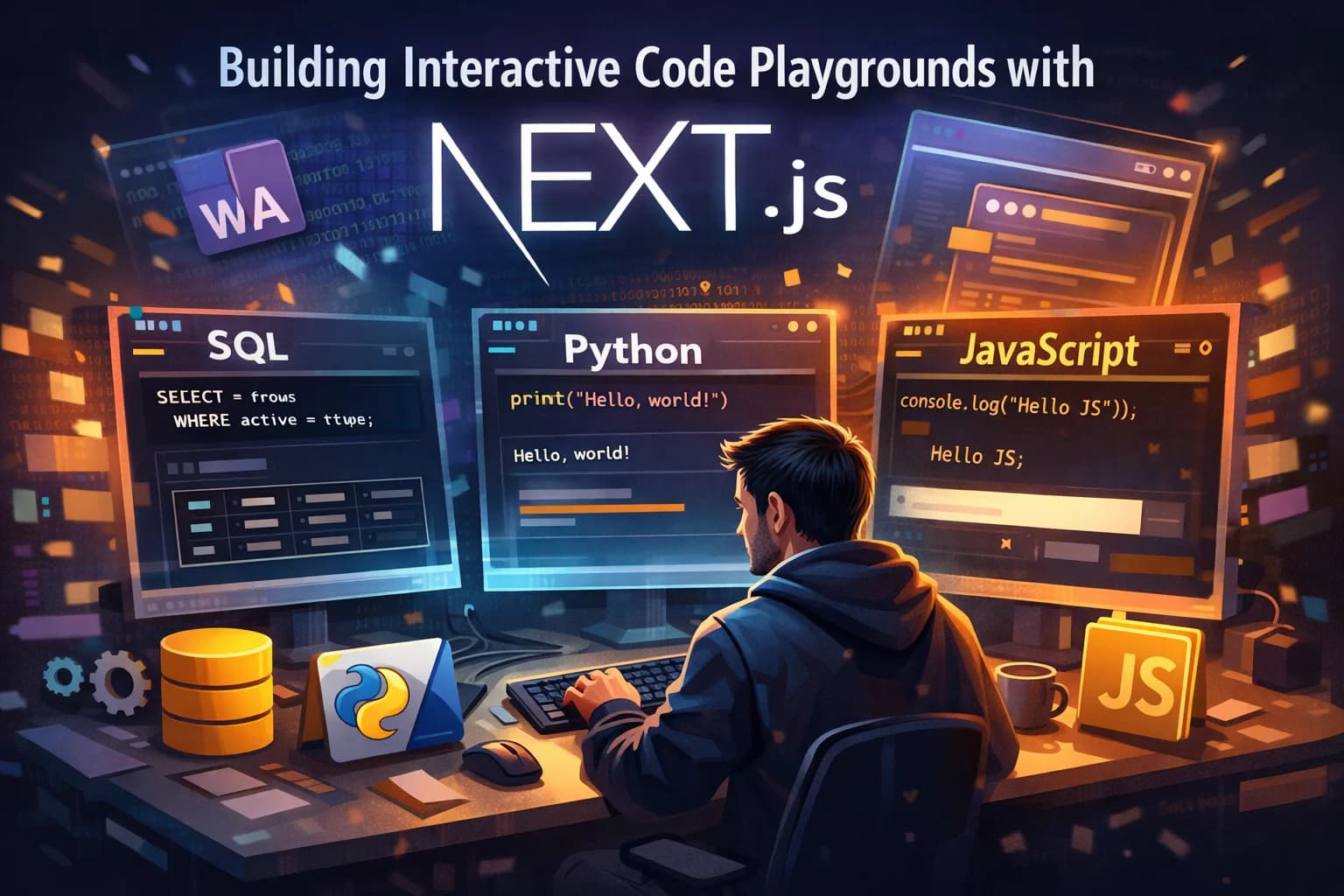 Browser window showing an interactive code playground with SQL query results displayed in a table