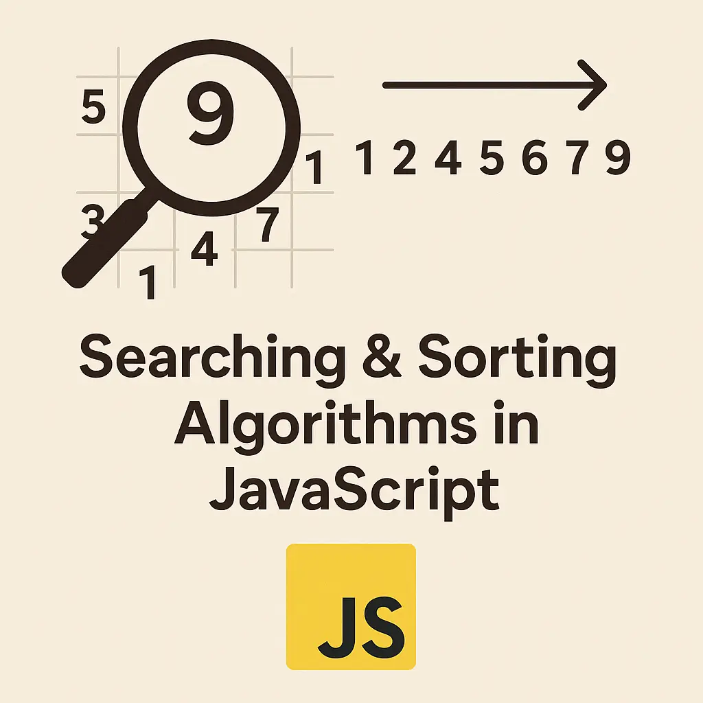 Minimalist illustration on a beige background showing a magnifying glass searching through a scattered array of numbers on the left, and an arrow indicating order and organization on the right, all above a yellow JS logo.