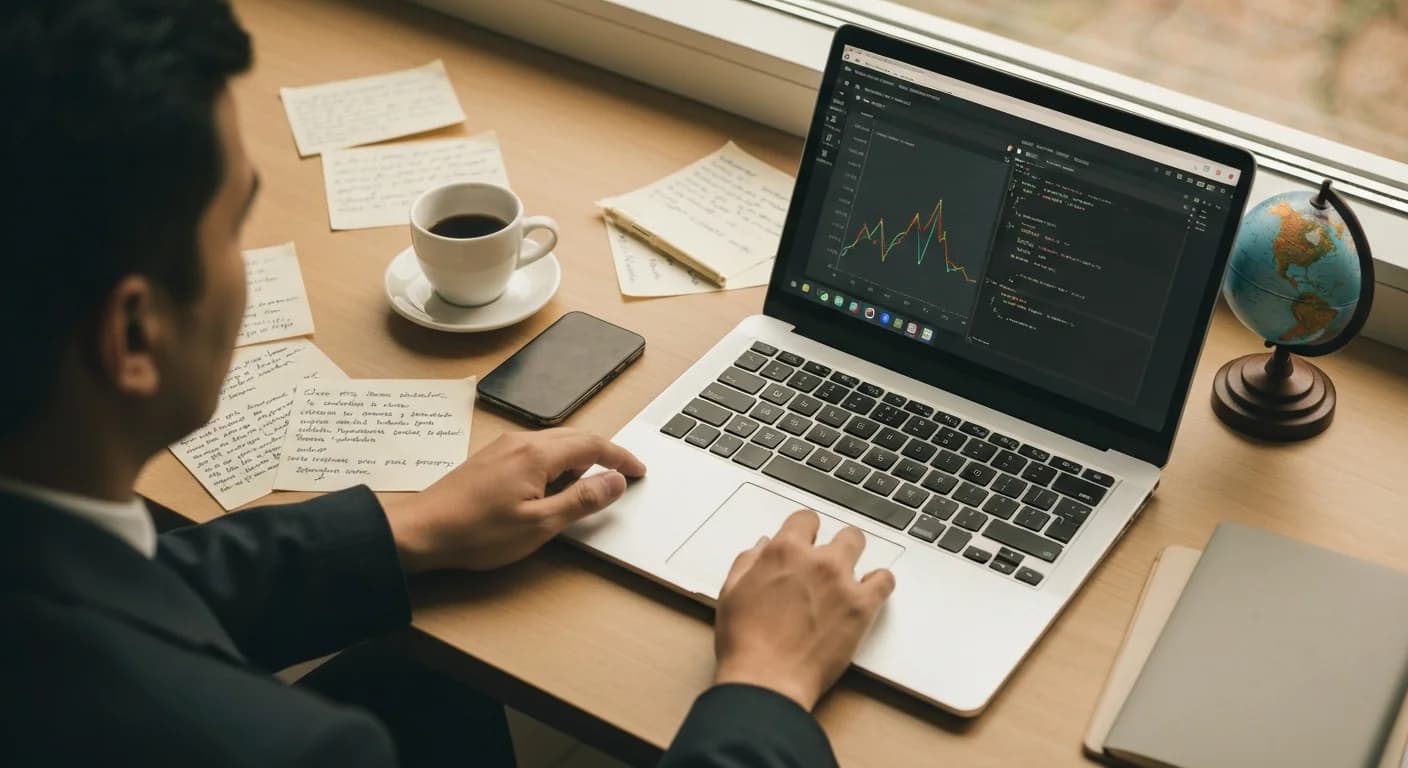 Developer workspace with analytics dashboard, course content, and code editor representing the daily work of running an education platform