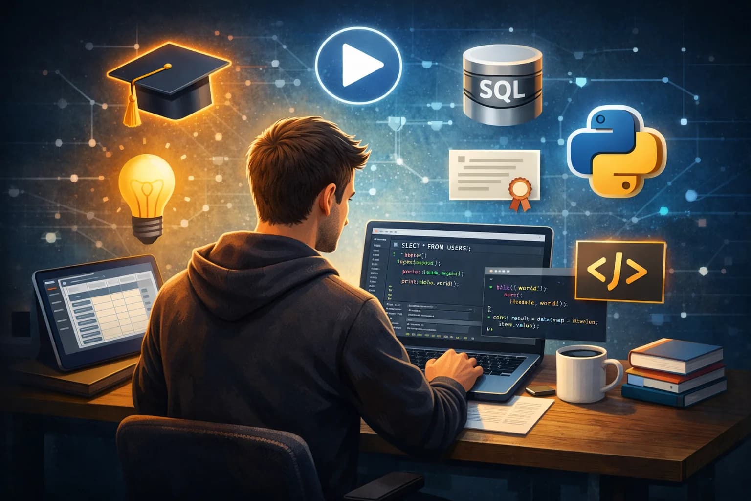 Developer building a free learning platform with code on screen and educational icons floating around