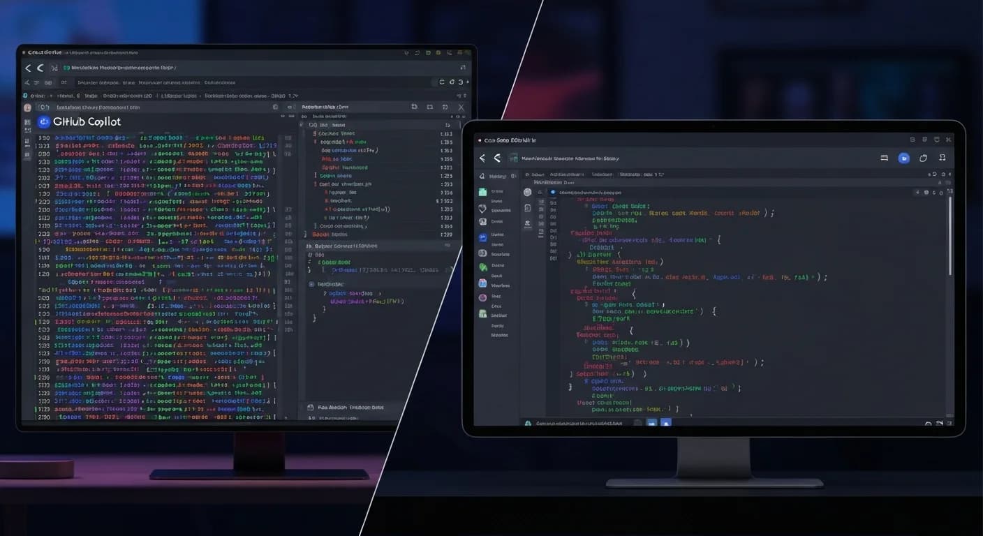 Split screen showing GitHub Copilot and Cursor IDE side by side on a developer workstation